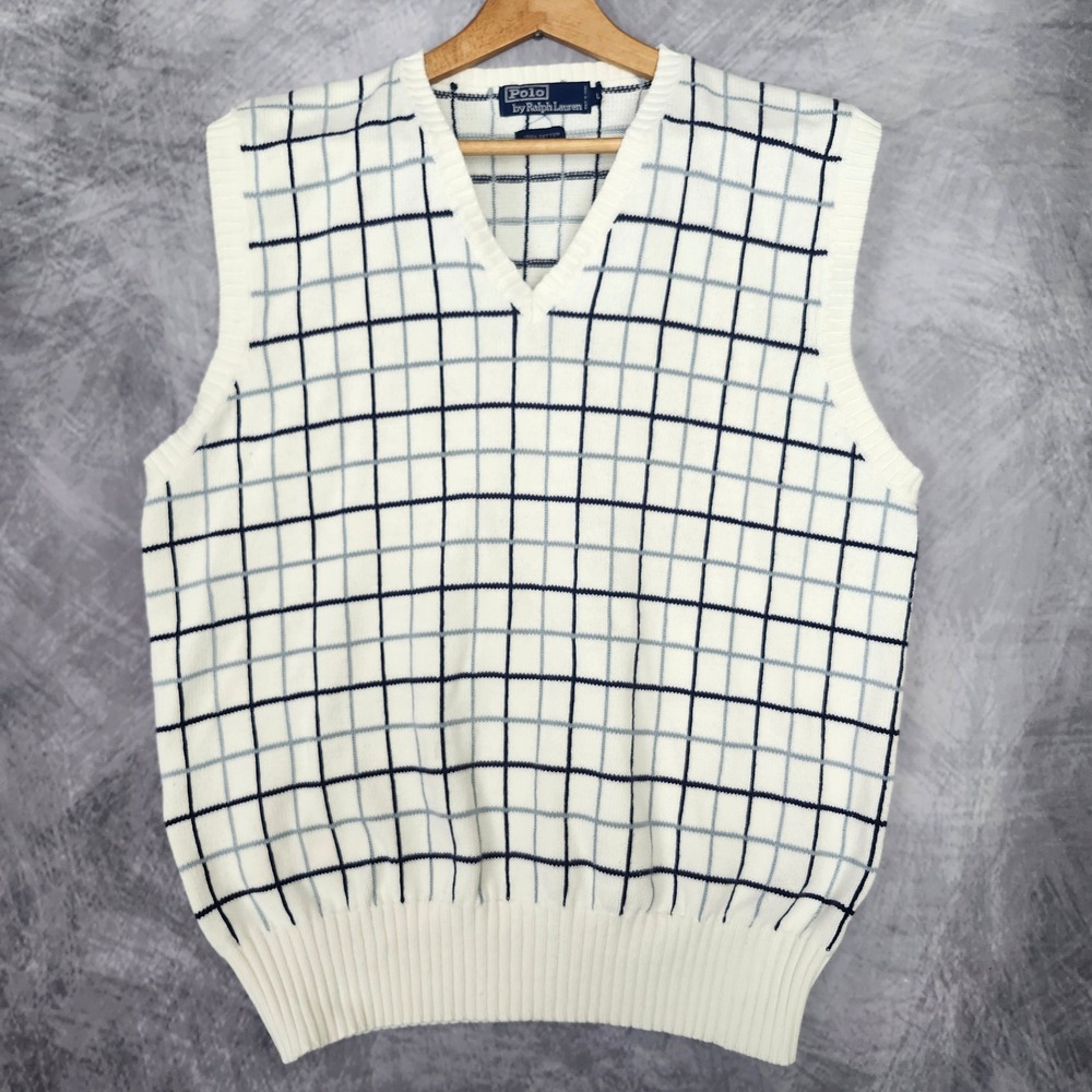 Vintage Polo Ralph Lauren Windowpane Sweater Vest Large Cream Navy Preppy Golf